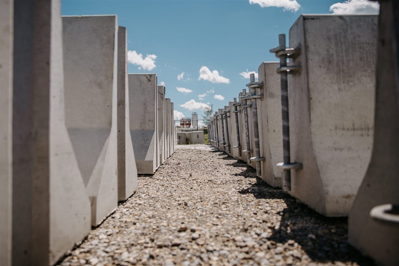 Self-standing precast storage wall panels lined up in the AltaMix yard.